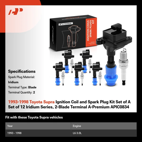 1993-1998 Toyota Supra Ignition Coil and Spark Plug Kit Set of A Set of 12 Iridium Series, 2-Blade Terminal A-Premium APIC0834