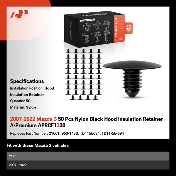 2007-2022 Mazda 3 50 Pcs Nylon Black Hood Insulation Retainer A-Premium APRCF1320