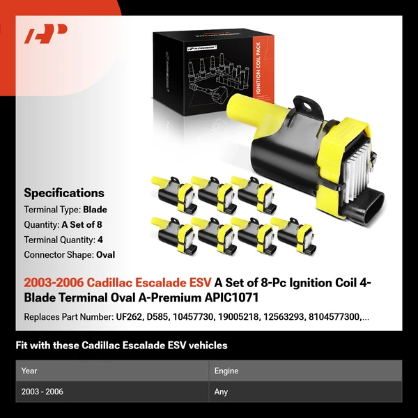 2003-2006 Cadillac Escalade ESV A Set of 8-Pc Ignition Coil 4-Blade Terminal Oval A-Premium APIC1071