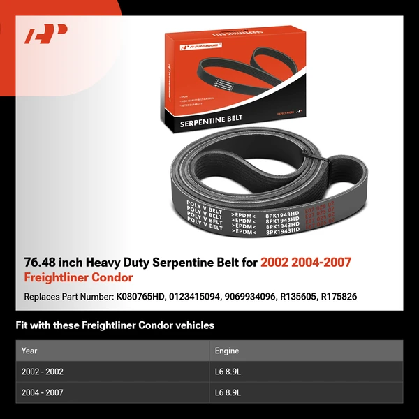76.48 inch Heavy Duty Serpentine Belt for 2002 2004-2007 Freightliner Condor