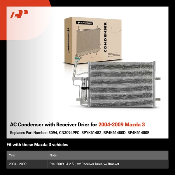 AC Condenser with Receiver Drier for 2004-2009 Mazda 3
