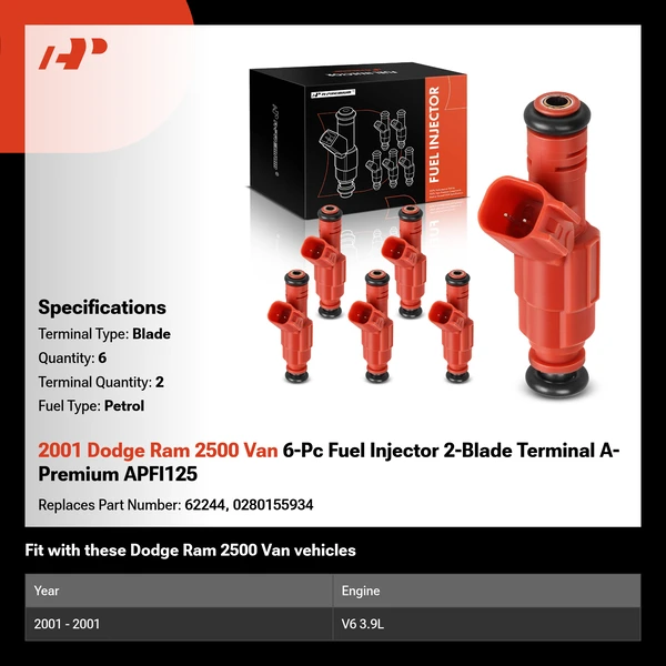 2001 Dodge Ram 2500 Van 6-Pc Fuel Injector 2-Blade Terminal A-Premium APFI125