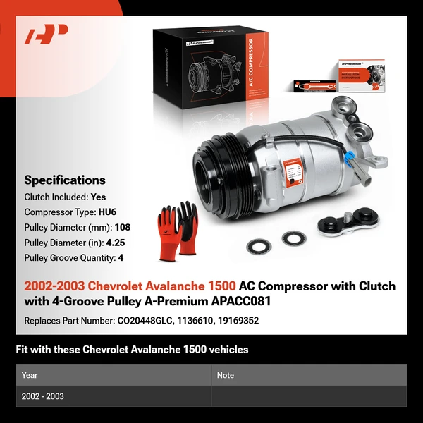 2002-2003 Chevrolet Avalanche 1500 AC Compressor with Clutch with 4-Groove Pulley A-Premium APACC081