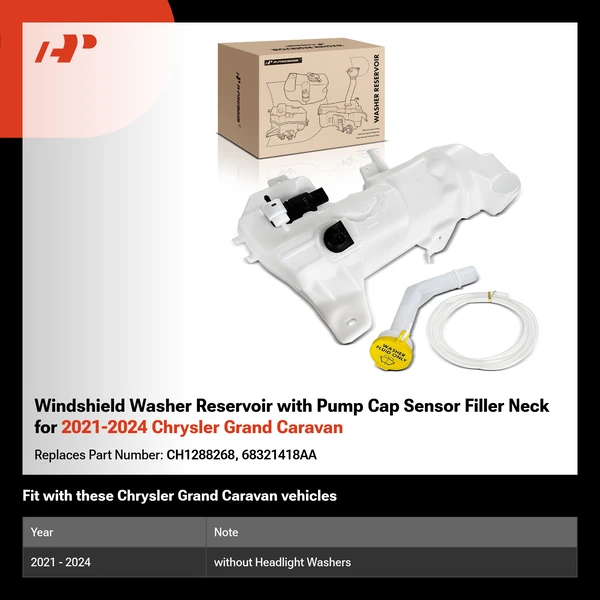 Windshield Washer Reservoir with Pump Cap Sensor Filler Neck for 2021-2024 Chrysler Grand Caravan