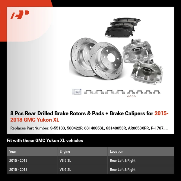 8 Pcs Rear Drilled Brake Rotors & Pads + Brake Calipers for 2015-2018 GMC Yukon XL