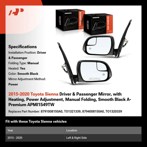 2015-2020 Toyota Sienna Driver & Passenger Mirror, with Heating, Power Adjustment, Manual Folding, Smooth Black A-Premium APMI1549TW