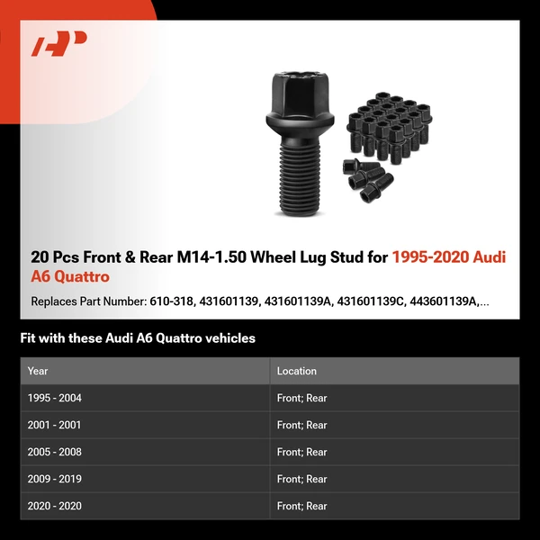 20 Pcs Front & Rear M14-1.50 Wheel Lug Stud for 1995-2020 Audi A6 Quattro