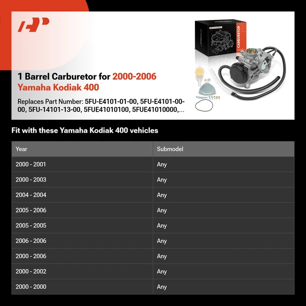 1 Barrel Carburetor for 2000-2006 Yamaha Kodiak 400