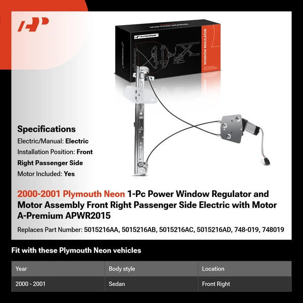 2000-2001 Plymouth Neon 1-Pc Power Window Regulator and Motor Assembly Front Right Passenger Side Electric with Motor A-Premium APWR2015