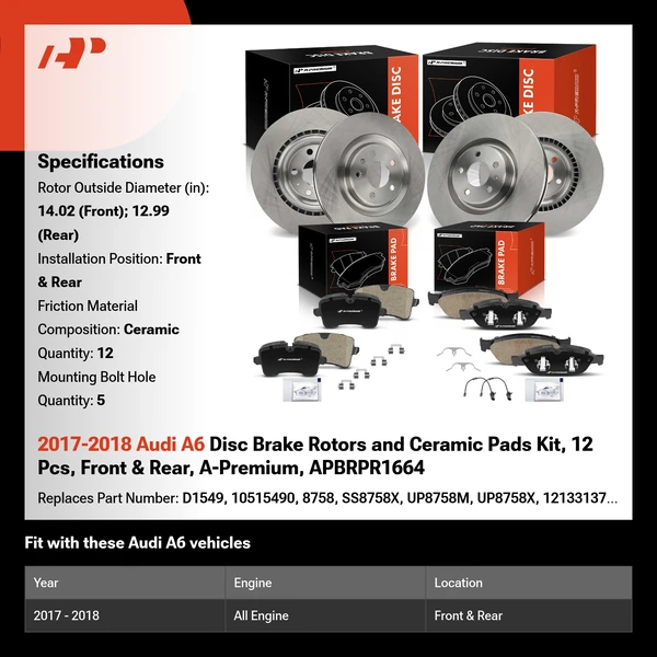 2017-2018 Audi A6 Disc Brake Rotors and Ceramic Pads Kit, 12 Pcs, Front & Rear, A-Premium, APBRPR1664