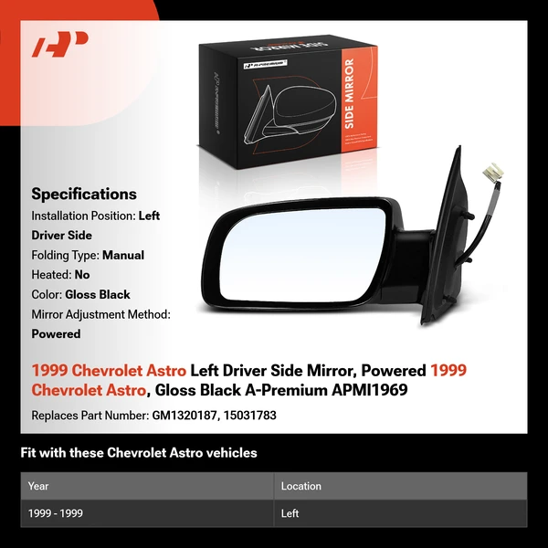 1999 Chevrolet Astro Left Driver Side Mirror, Powered 1999 Chevrolet Astro, Gloss Black A-Premium APMI1969