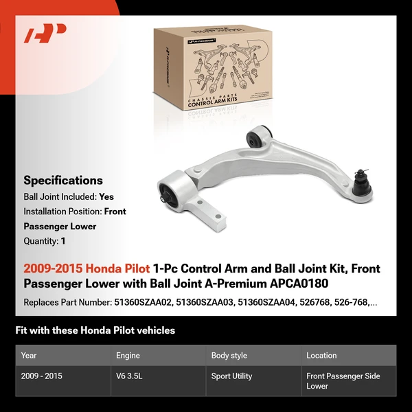 2009-2015 Honda Pilot 1-Pc Control Arm and Ball Joint Kit, Front Passenger Lower with Ball Joint A-Premium APCA0180