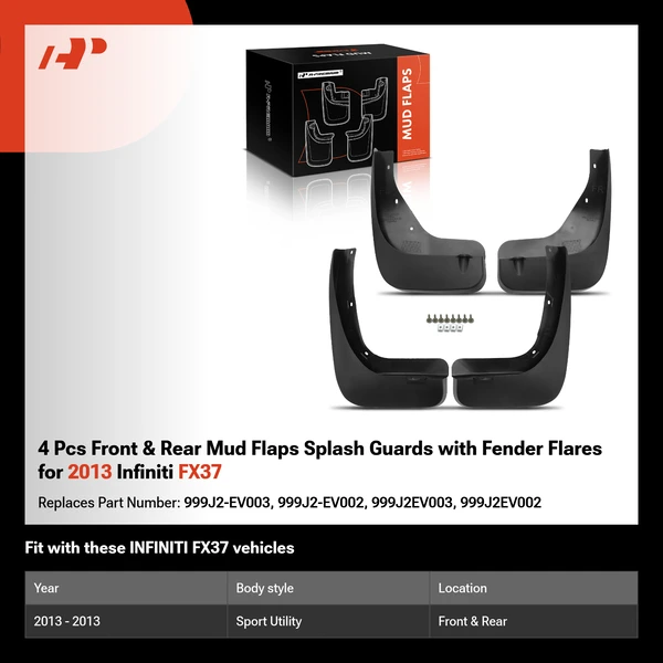 4 Pcs Front & Rear Mud Flaps Splash Guards with Fender Flares for 2013 Infiniti FX37