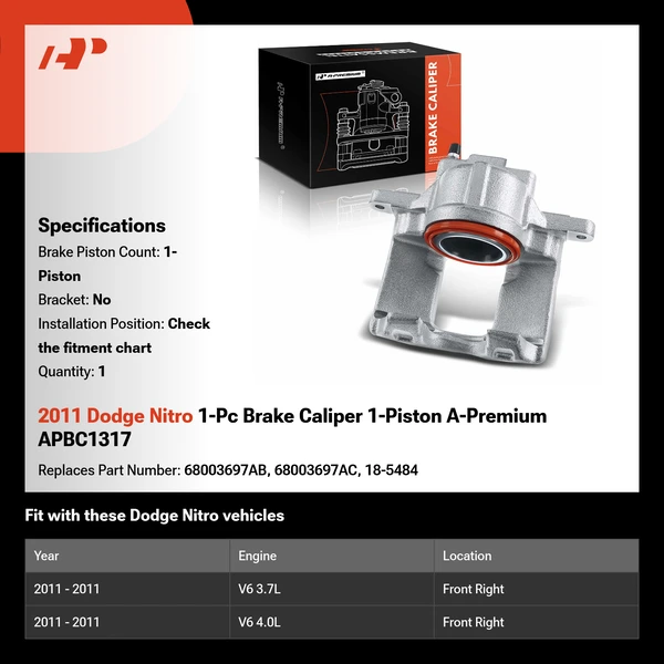2011 Dodge Nitro 1-Pc Brake Caliper 1-Piston A-Premium APBC1317