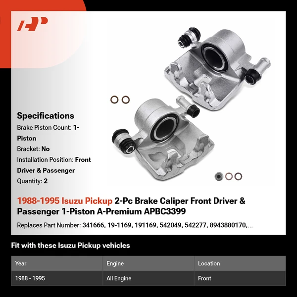 1988-1995 Isuzu Pickup 2-Pc Brake Caliper Front Driver & Passenger 1-Piston A-Premium APBC3399