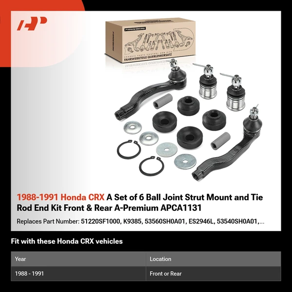 1988-1991 Honda CRX A Set of 6 Ball Joint Strut Mount and Tie Rod End Kit Front & Rear A-Premium APCA1131