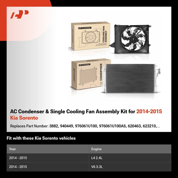 AC Condenser & Single Cooling Fan Assembly Kit for 2014-2015 Kia Sorento