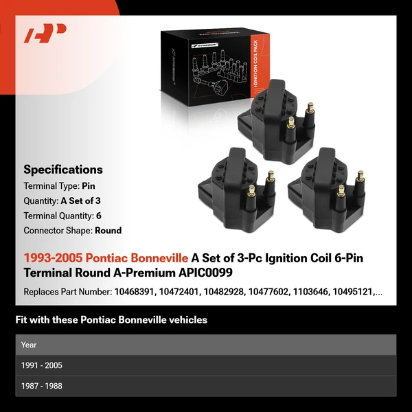 1993-2005 Pontiac Bonneville A Set of 3-Pc Ignition Coil 6-Pin Terminal Round A-Premium APIC0099