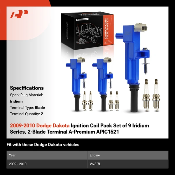 2009-2010 Dodge Dakota Ignition Coil Pack Set of 9 Iridium Series, 2-Blade Terminal A-Premium APIC1521