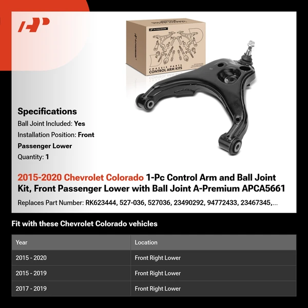 2015-2020 Chevrolet Colorado 1-Pc Control Arm and Ball Joint Kit, Front Passenger Lower with Ball Joint A-Premium APCA5661