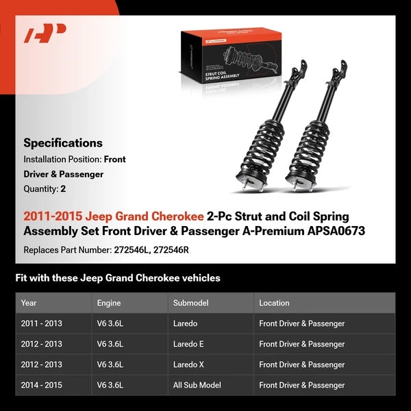 2011-2015 Jeep Grand Cherokee 2-Pc Strut and Coil Spring Assembly Set Front Driver & Passenger A-Premium APSA0673