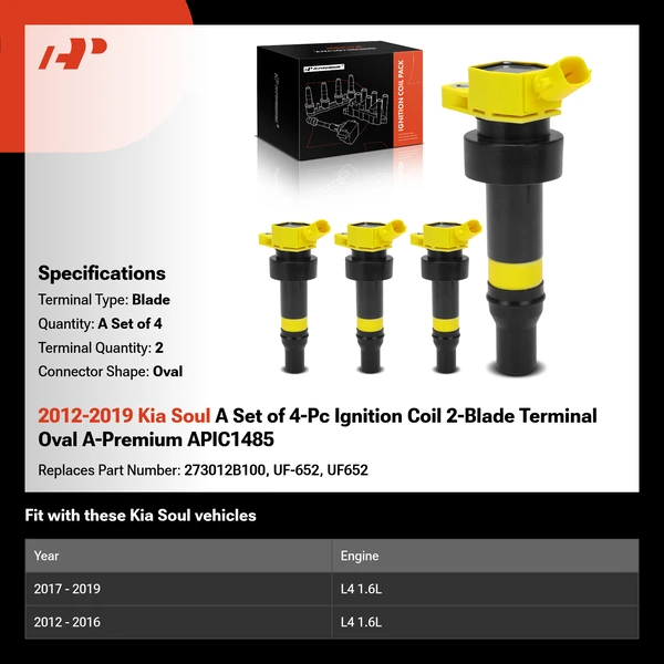 2012-2019 Kia Soul A Set of 4-Pc Ignition Coil 2-Blade Terminal Oval A-Premium APIC1485