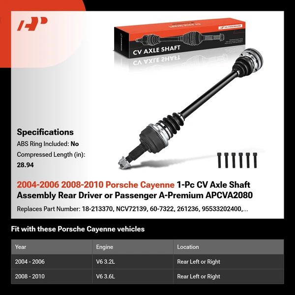 2004-2006 2008-2010 Porsche Cayenne 1-Pc CV Axle Shaft Assembly Rear Driver or Passenger A-Premium APCVA2080