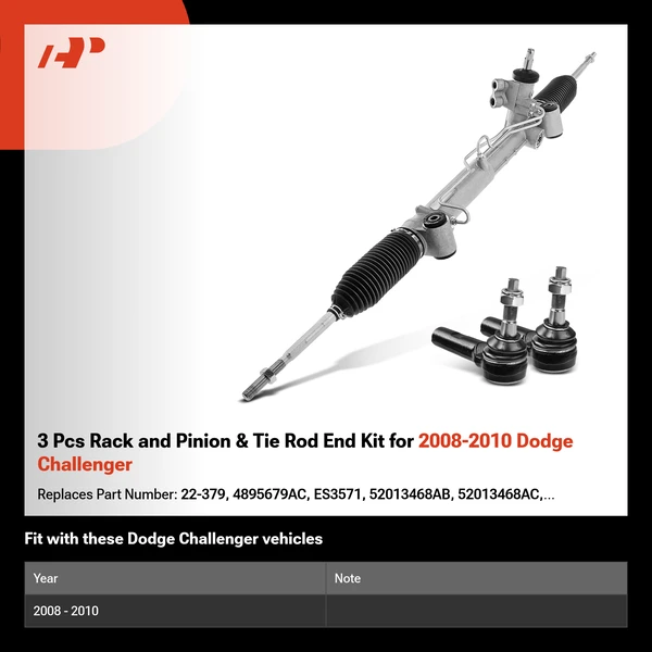 3 Pcs Rack and Pinion & Tie Rod End Kit for 2008-2010 Dodge Challenger