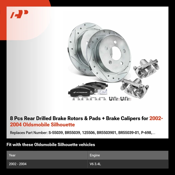 8 Pcs Rear Drilled Brake Rotors & Pads + Brake Calipers for 2002-2004 Oldsmobile Silhouette
