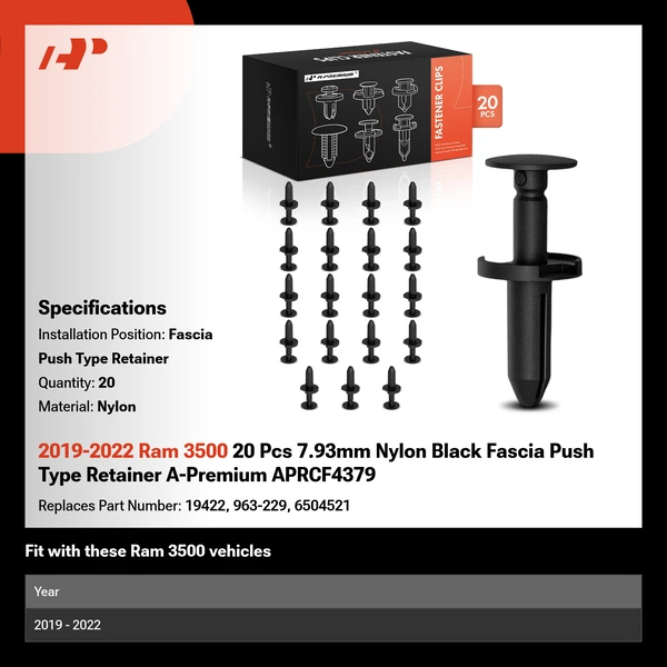 2019-2022 Ram 3500 20 Pcs 7.93mm Nylon Black Fascia Push Type Retainer A-Premium APRCF4379