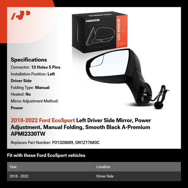 2018-2022 Ford EcoSport Left Driver Side Mirror, Power Adjustment, Manual Folding, Smooth Black A-Premium APMI2330TW