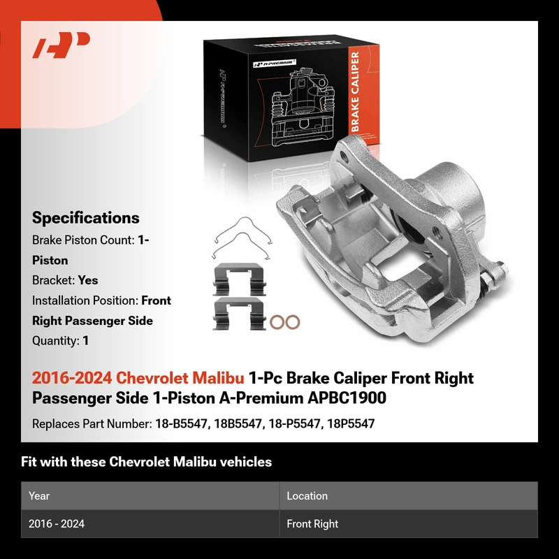 2016-2024 Chevrolet Malibu 1-Pc Brake Caliper Front Right Passenger Side 1-Piston A-Premium APBC1900