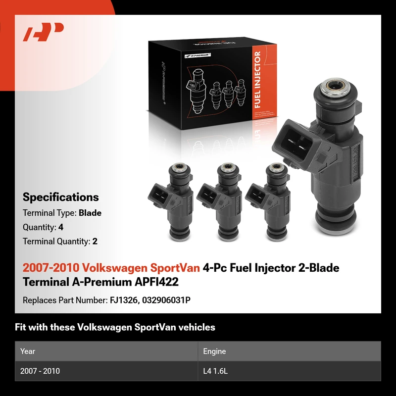 2007-2010 Volkswagen SportVan 4-Pc Fuel Injector 2-Blade Terminal A-Premium APFI422