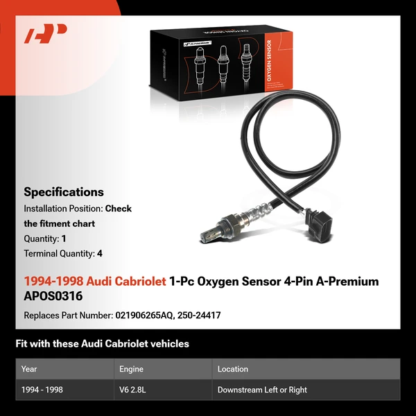 1994-1998 Audi Cabriolet 1-Pc Oxygen Sensor 4-Pin A-Premium APOS0316