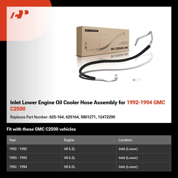 Inlet Lower Engine Oil Cooler Hose Assembly for 1992-1994 GMC C2500