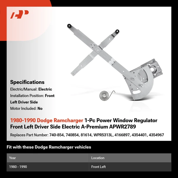 1980-1990 Dodge Ramcharger 1-Pc Power Window Regulator Front Left Driver Side Electric A-Premium APWR2789