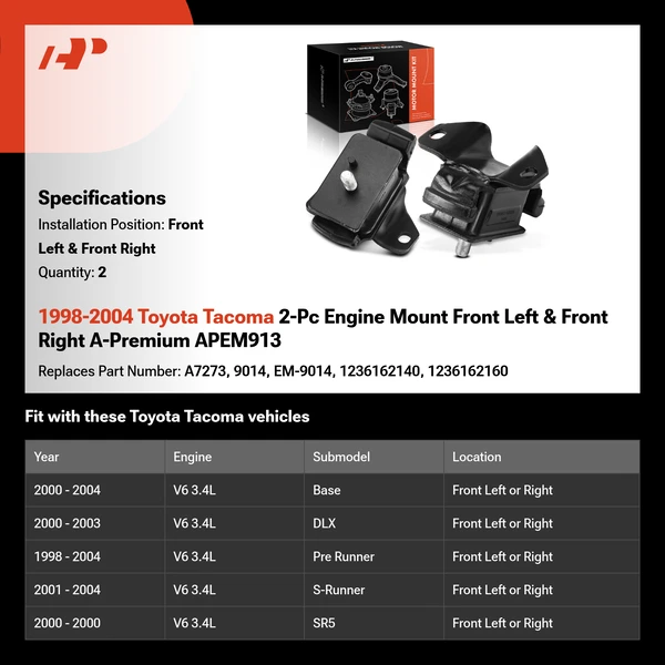 1998-2004 Toyota Tacoma 2-Pc Engine Mount Front Left & Front Right A-Premium APEM913