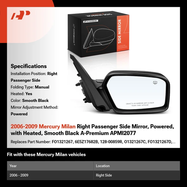2006-2009 Mercury Milan Right Passenger Side Mirror, Powered, with Heated, Smooth Black A-Premium APMI2077
