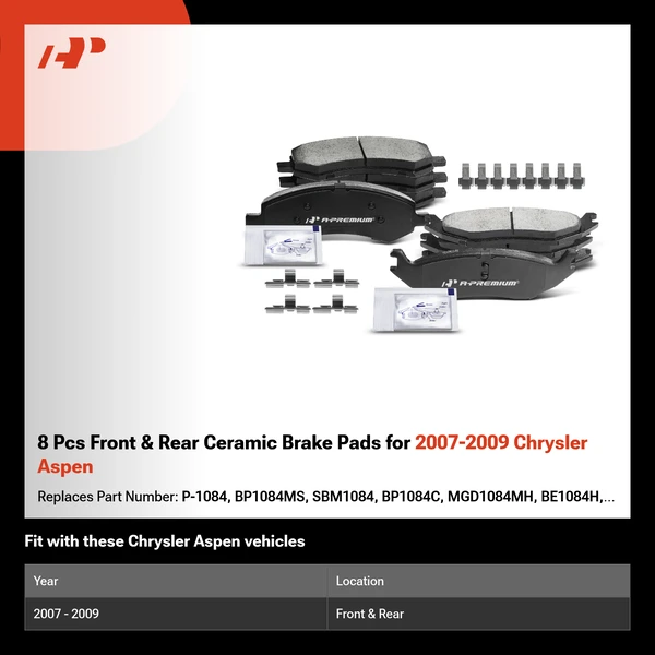 8 Pcs Front & Rear Ceramic Brake Pads for 2007-2009 Chrysler Aspen
