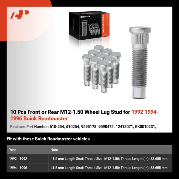 10 Pcs Front or Rear M12-1.50 Wheel Lug Stud for 1992 1994-1996 Buick Roadmaster