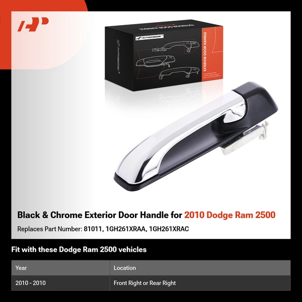 Black & Chrome Exterior Door Handle for 2010 Dodge Ram 2500