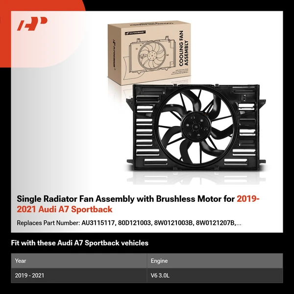 Single Radiator Fan Assembly with Brushless Motor for 2019-2021 Audi A7 Sportback