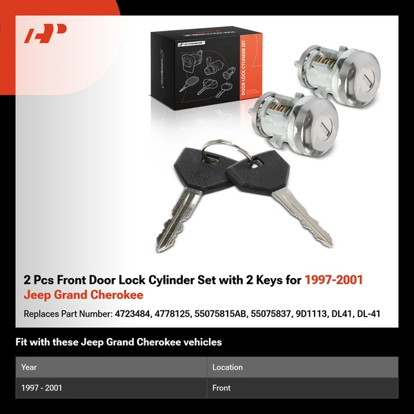 2 Pcs Front Door Lock Cylinder Set with 2 Keys for 1997-2001 Jeep Grand Cherokee