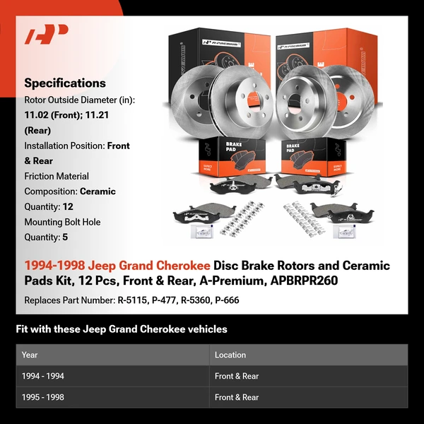 1994-1998 Jeep Grand Cherokee Disc Brake Rotors and Ceramic Pads Kit, 12 Pcs, Front & Rear, A-Premium, APBRPR260