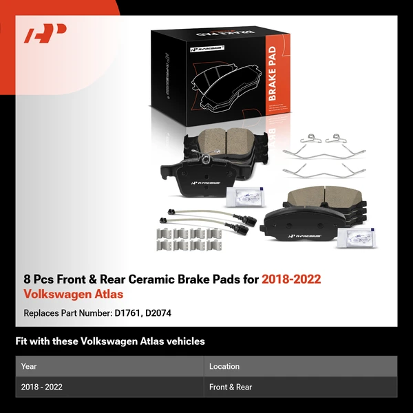 8 Pcs Front & Rear Ceramic Brake Pads for 2018-2022 Volkswagen Atlas