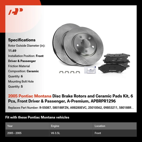 2005 Pontiac Montana Disc Brake Rotors and Ceramic Pads Kit, 6 Pcs, Front Driver & Passenger, A-Premium, APBRPR1296