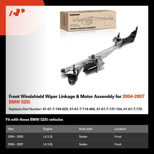 Front Windshield Wiper Linkage & Motor Assembly for 2004-2007 BMW 525i
