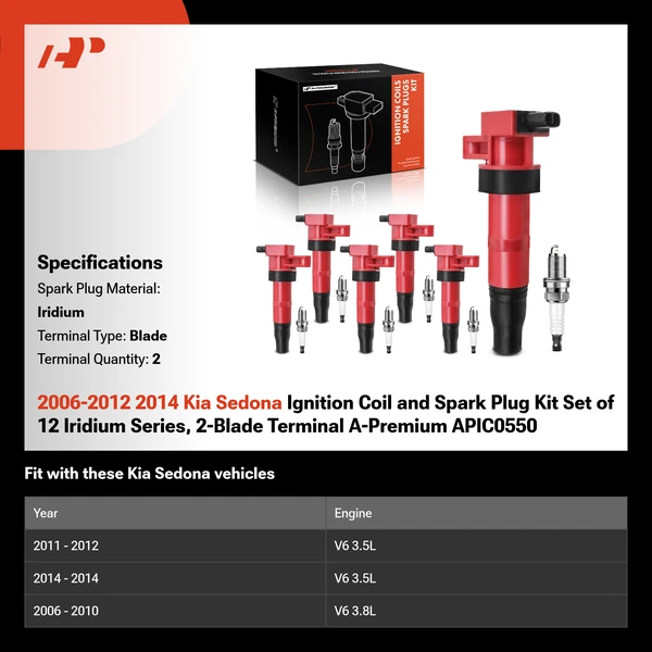 2006-2012 2014 Kia Sedona Ignition Coil and Spark Plug Kit Set of 12 Iridium Series, 2-Blade Terminal A-Premium APIC0550