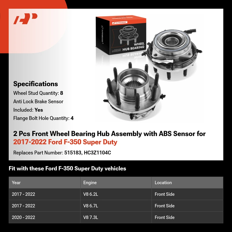 2 Pcs Front Wheel Bearing Hub Assembly with ABS Sensor for 2017-2022 Ford F-350 Super Duty