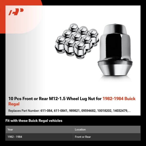 10 Pcs Front or Rear M12-1.5 Wheel Lug Nut for 1982-1984 Buick Regal